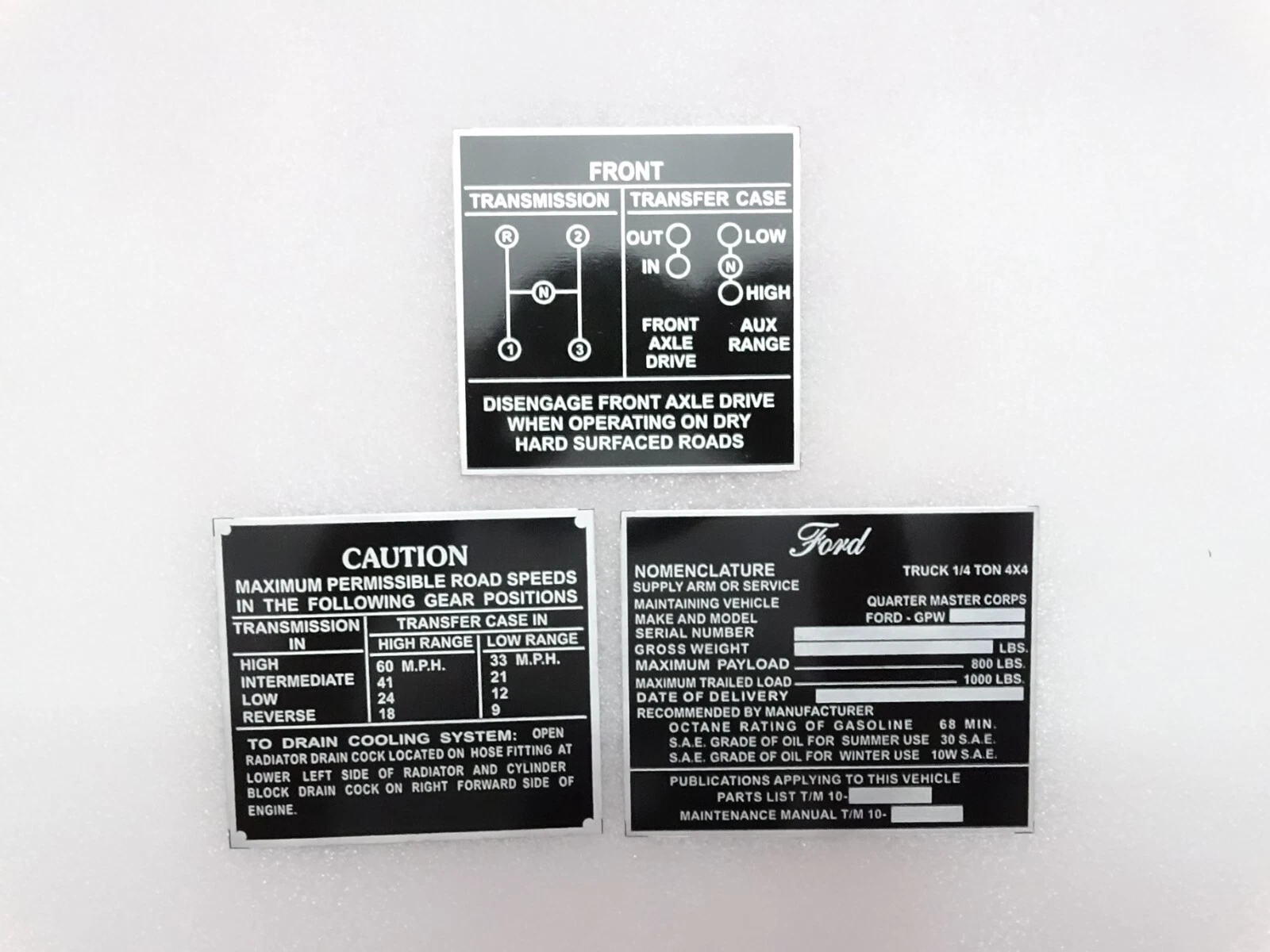 Dash Data Plate Aluminum Black Set Of 3 For Jeeps Willys Ford CJ2A CJ3A CJ3