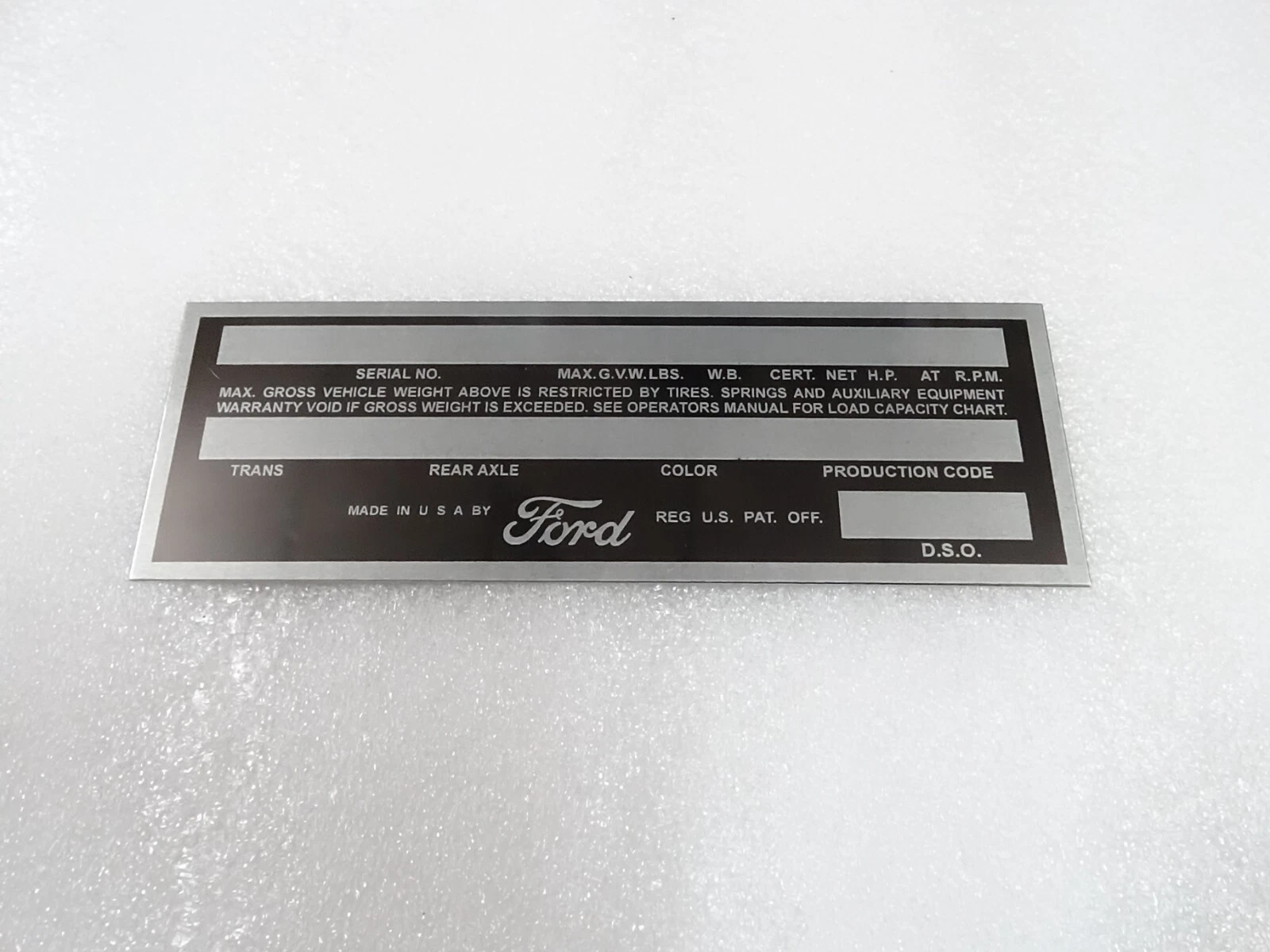 DATA PLATE FITS TO VINTAGE FORD PICKUP TRUCK 1953-56 #V223-7